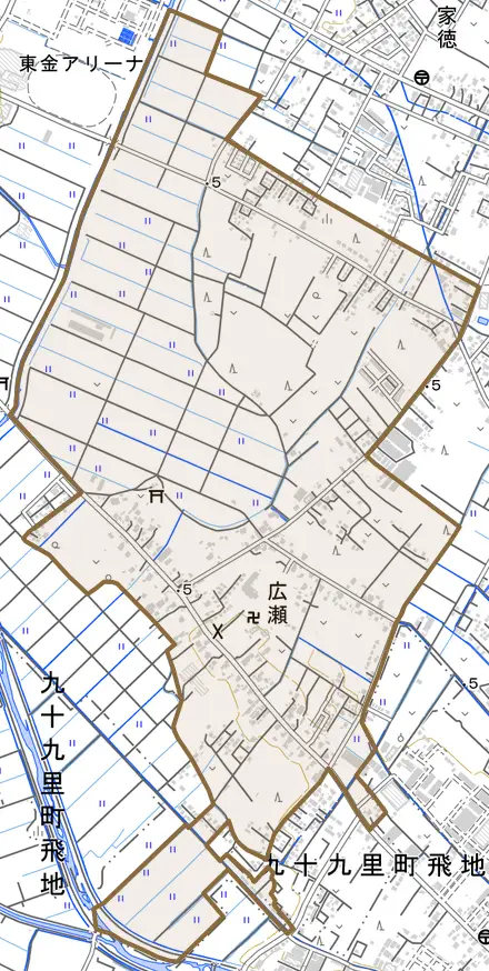 広瀬とその周辺の地図。町の範囲を重ねている