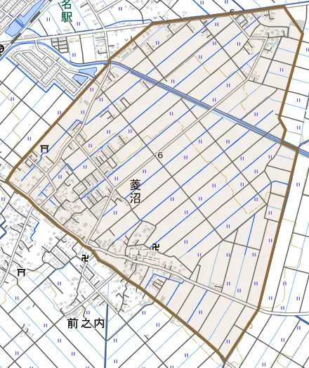 菱沼とその周辺の地図。町の範囲を重ねている