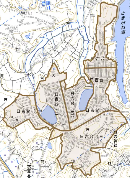 日吉台とその周辺の地図。町の範囲を重ねている
