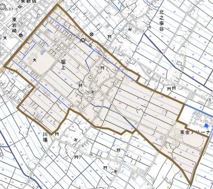 堀上とその周辺の地図。町の範囲を重ねている