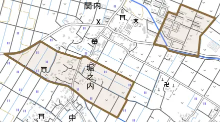 堀之内とその周辺の地図。町の範囲を重ねている