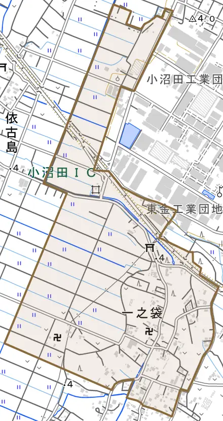 一之袋とその周辺の地図。町の範囲を重ねている