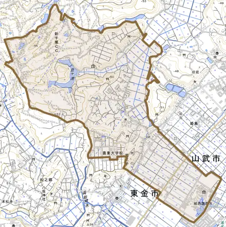 家之子とその周辺の地図。町の範囲を重ねている