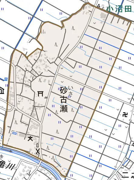 砂古瀬とその周辺の地図。町の範囲を重ねている