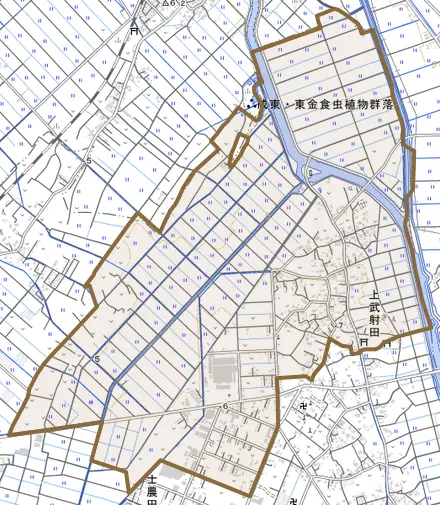 上武射田とその周辺の地図。町の範囲を重ねている