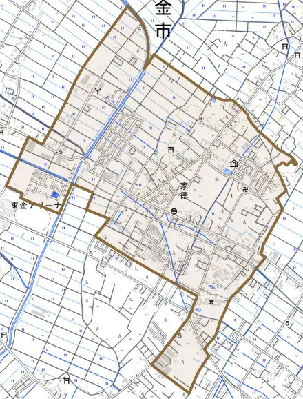 家徳とその周辺の地図。町の範囲を重ねている