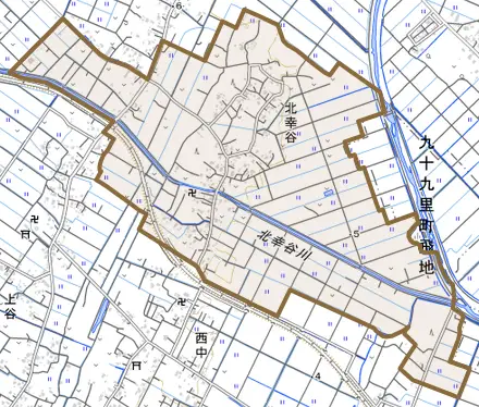 北幸谷とその周辺の地図。町の範囲を重ねている