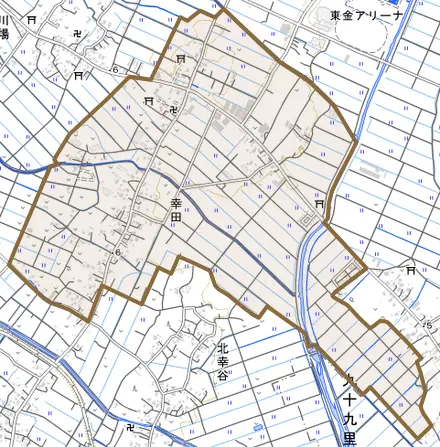幸田とその周辺の地図。町の範囲を重ねている