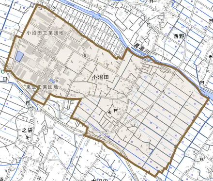 小沼田とその周辺の地図。町の範囲を重ねている