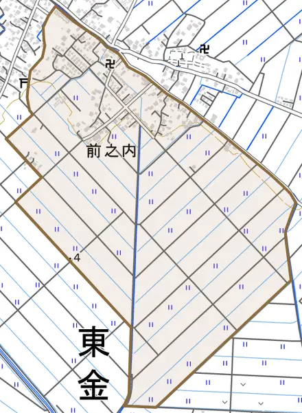 前之内とその周辺の地図。町の範囲を重ねている
