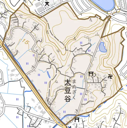 大豆谷とその周辺の地図。町の範囲を重ねている