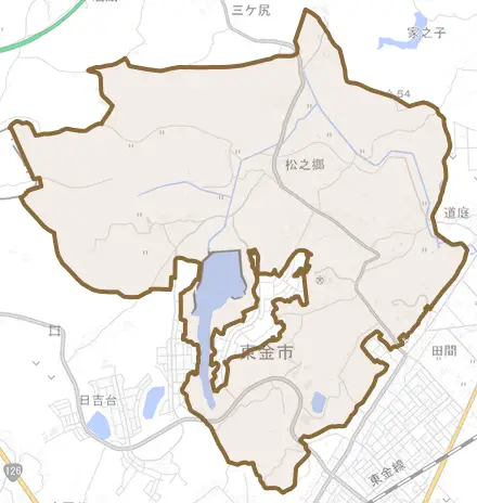 松之郷とその周辺の地図。町の範囲を重ねている
