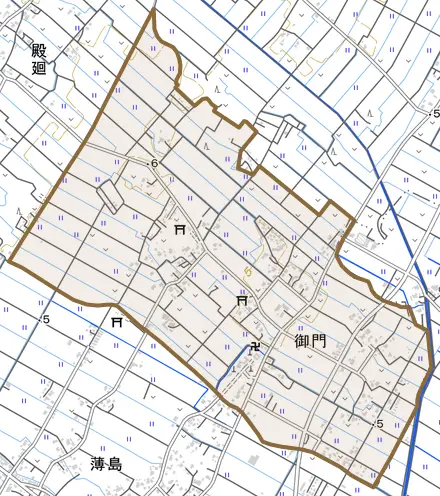 御門とその周辺の地図。町の範囲を重ねている