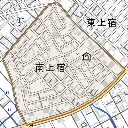 南上宿とその周辺の地図。町の範囲を重ねている