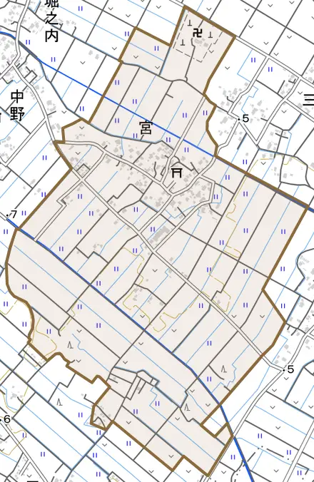 宮とその周辺の地図。町の範囲を重ねている