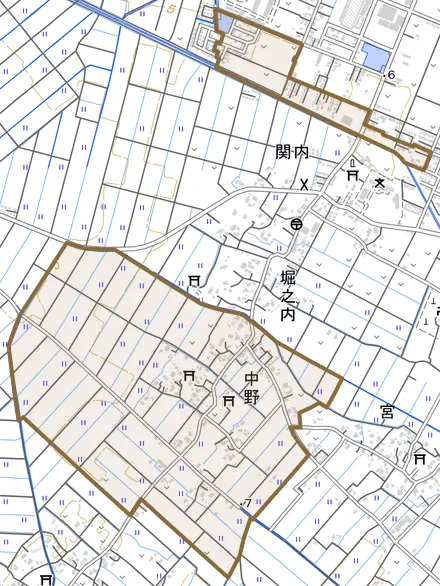 中野とその周辺の地図。町の範囲を重ねている
