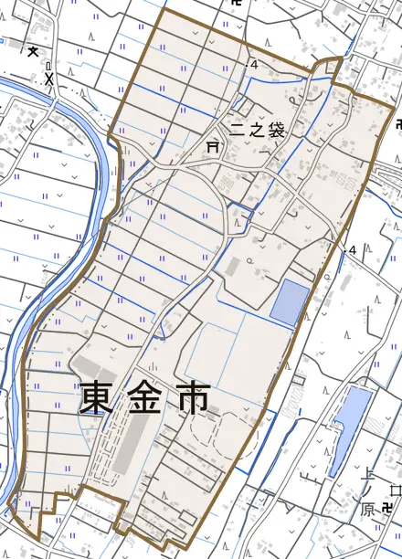 二之袋とその周辺の地図。町の範囲を重ねている