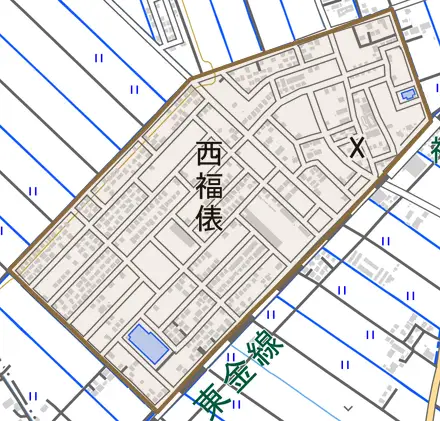 西福俵とその周辺の地図。町の範囲を重ねている