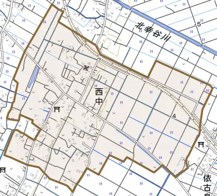 西中とその周辺の地図。町の範囲を重ねている