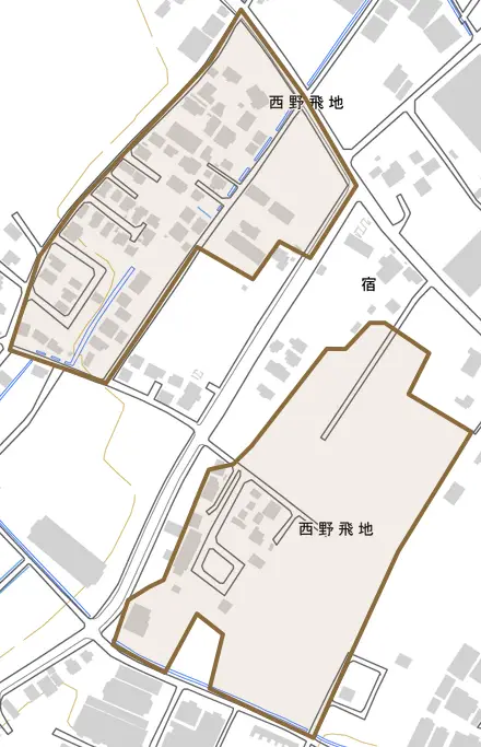 西野飛地とその周辺の地図。町の範囲を重ねている