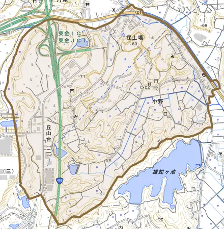 小野とその周辺の地図。町の範囲を重ねている
