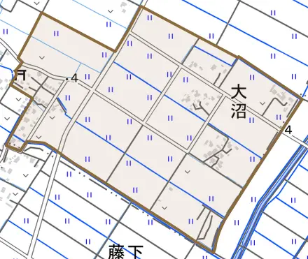 大沼とその周辺の地図。町の範囲を重ねている
