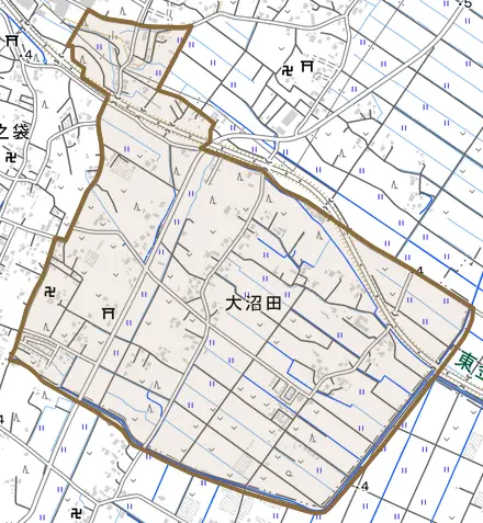 大沼田とその周辺の地図。町の範囲を重ねている
