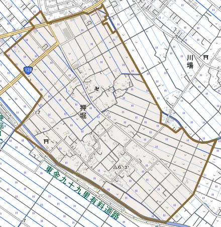 押堀とその周辺の地図。町の範囲を重ねている