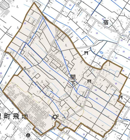 関下とその周辺の地図。町の範囲を重ねている