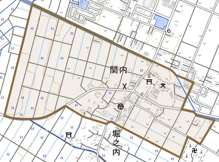 関内とその周辺の地図。町の範囲を重ねている