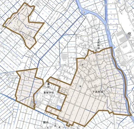 下武射田とその周辺の地図。町の範囲を重ねている