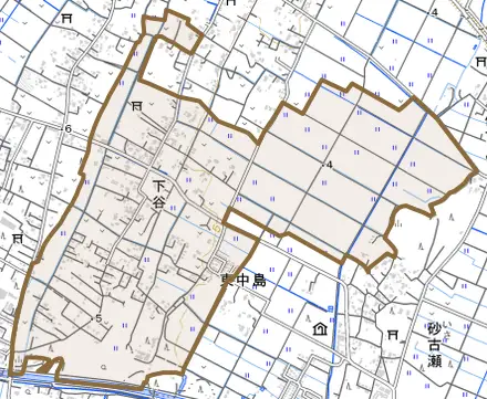 下谷とその周辺の地図。町の範囲を重ねている