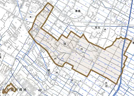 宿とその周辺の地図。町の範囲を重ねている