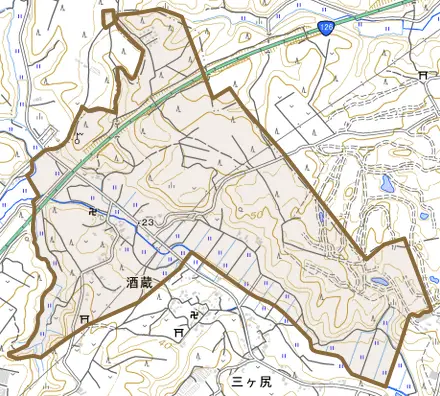 酒蔵とその周辺の地図。町の範囲を重ねている