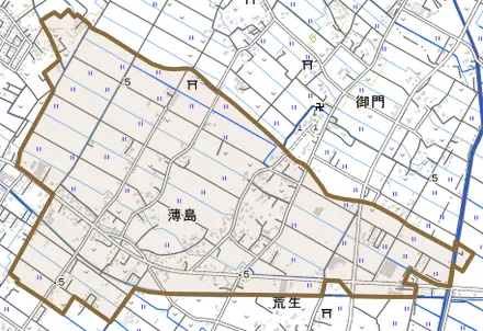 薄島とその周辺の地図。町の範囲を重ねている