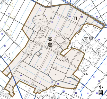高倉とその周辺の地図。町の範囲を重ねている