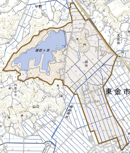 田中とその周辺の地図。町の範囲を重ねている