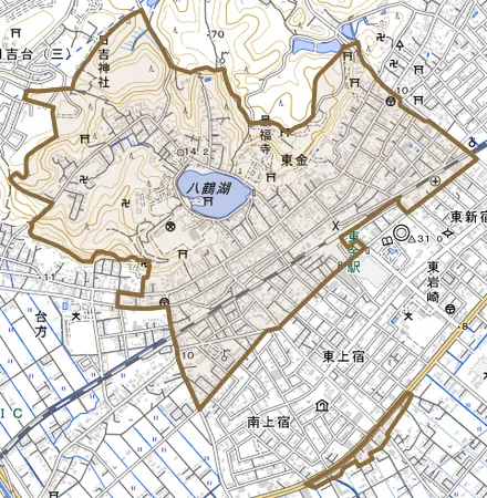 東金とその周辺の地図。町の範囲を重ねている