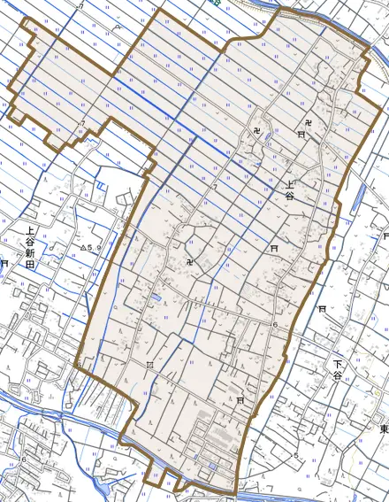 上谷とその周辺の地図。町の範囲を重ねている