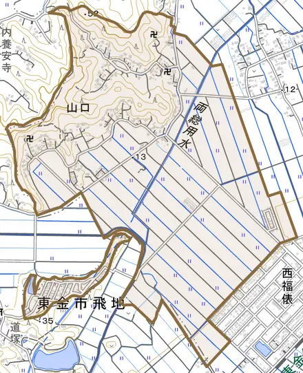 山口とその周辺の地図。町の範囲を重ねている