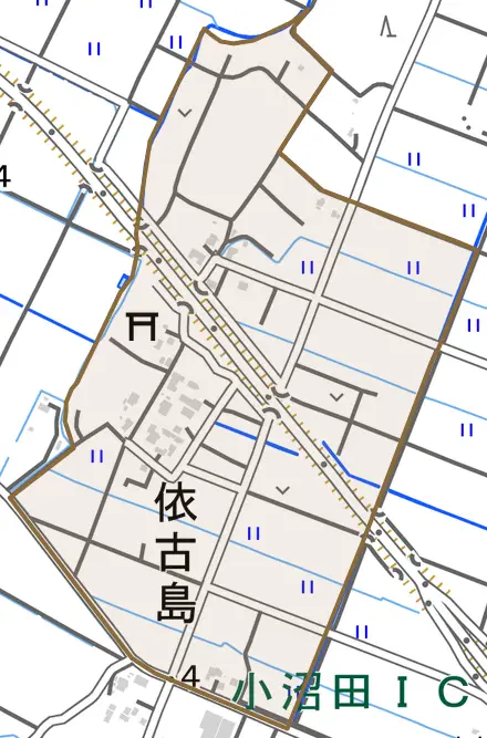 依古島とその周辺の地図。町の範囲を重ねている