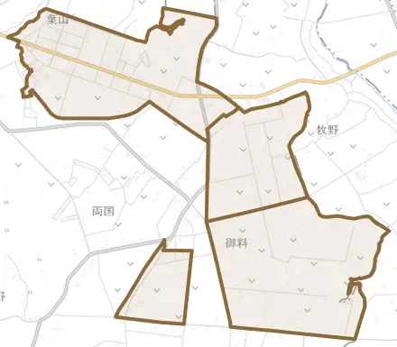 御料とその周辺の地図。町の範囲を重ねている