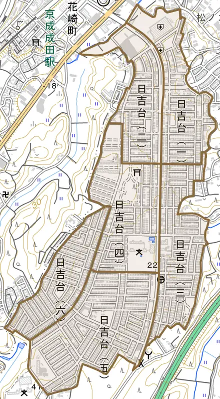 日吉台とその周辺の地図。町の範囲を重ねている