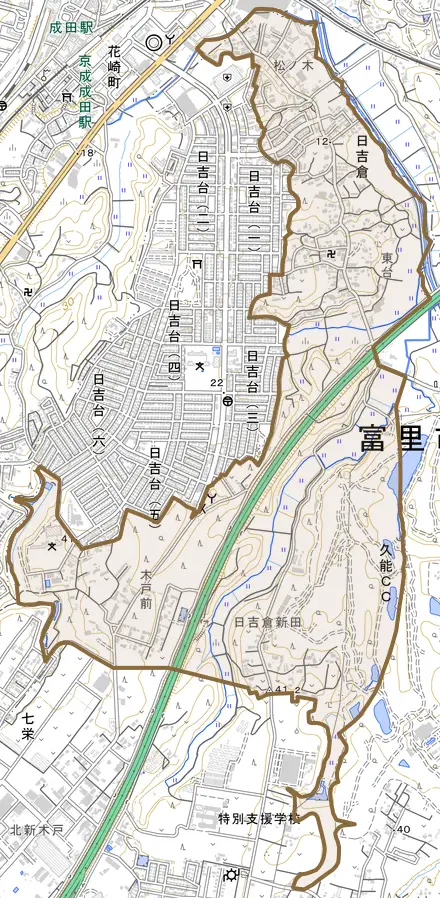 日吉倉とその周辺の地図。町の範囲を重ねている