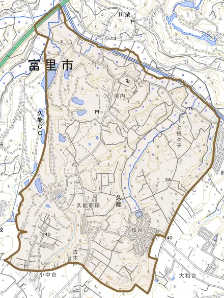 久能とその周辺の地図。町の範囲を重ねている