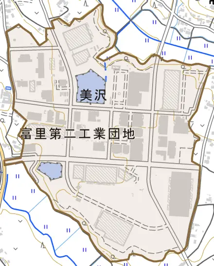 美沢とその周辺の地図。町の範囲を重ねている