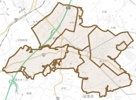 七栄とその周辺の地図。町の範囲を重ねている