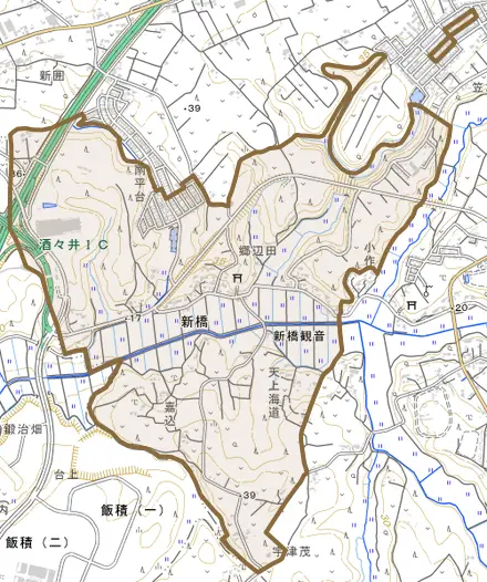 新橋とその周辺の地図。町の範囲を重ねている