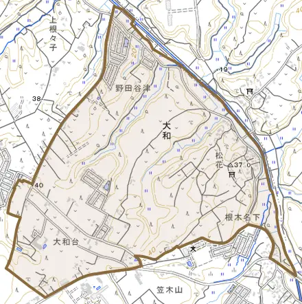 大和とその周辺の地図。町の範囲を重ねている