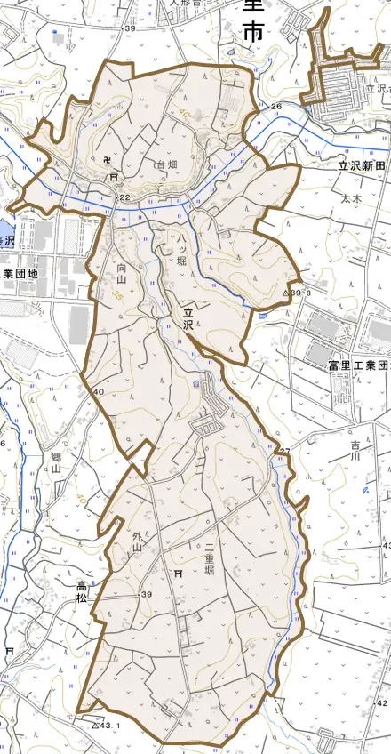 立沢とその周辺の地図。町の範囲を重ねている
